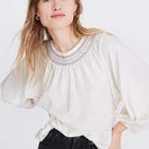 MADEWELL OFF WHITE  SUPERLIGHT JACQUARD EMBROIDERED SMOCKED LONG SLEEVE BLOUSE